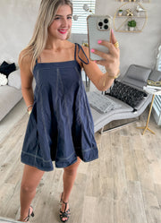 NAVY STITCH SHORT DRESS