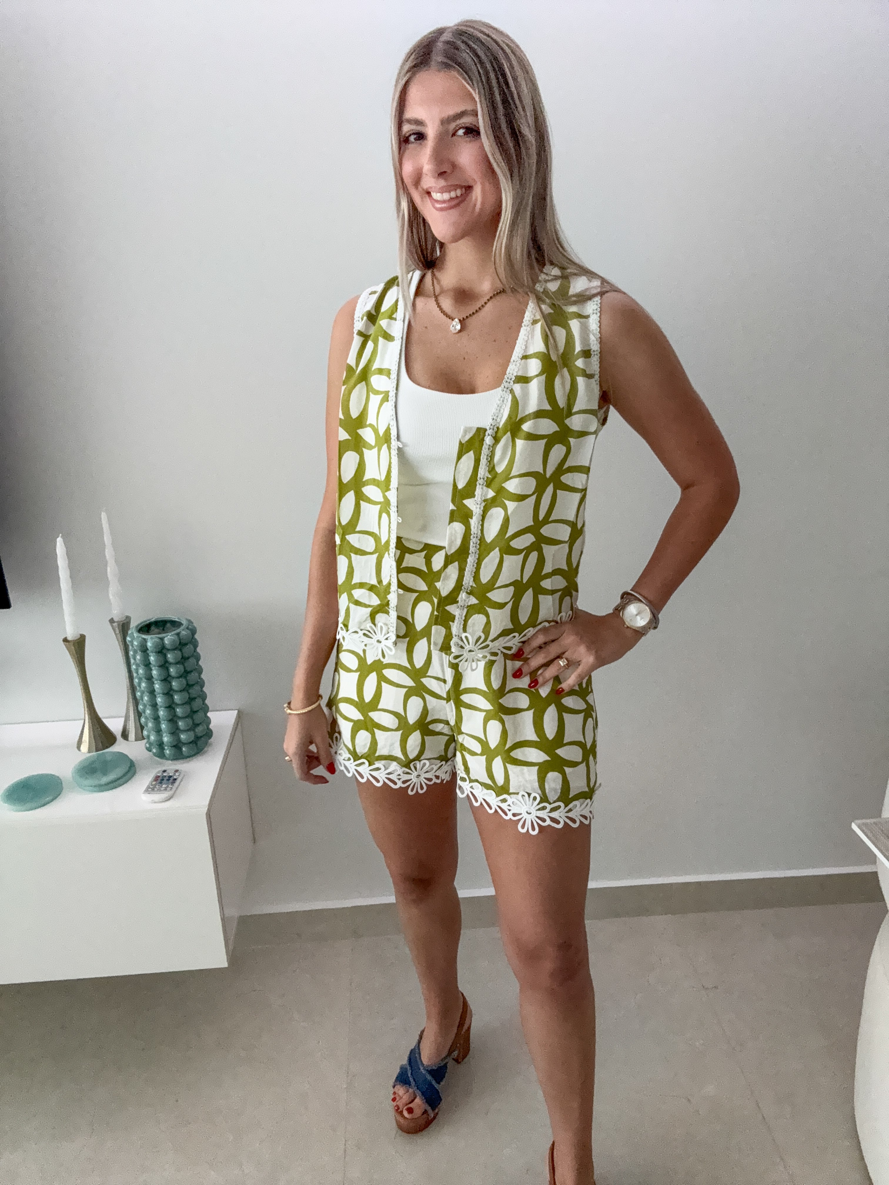 GREEN/WHITE PRINTED TOP & SHORT SET