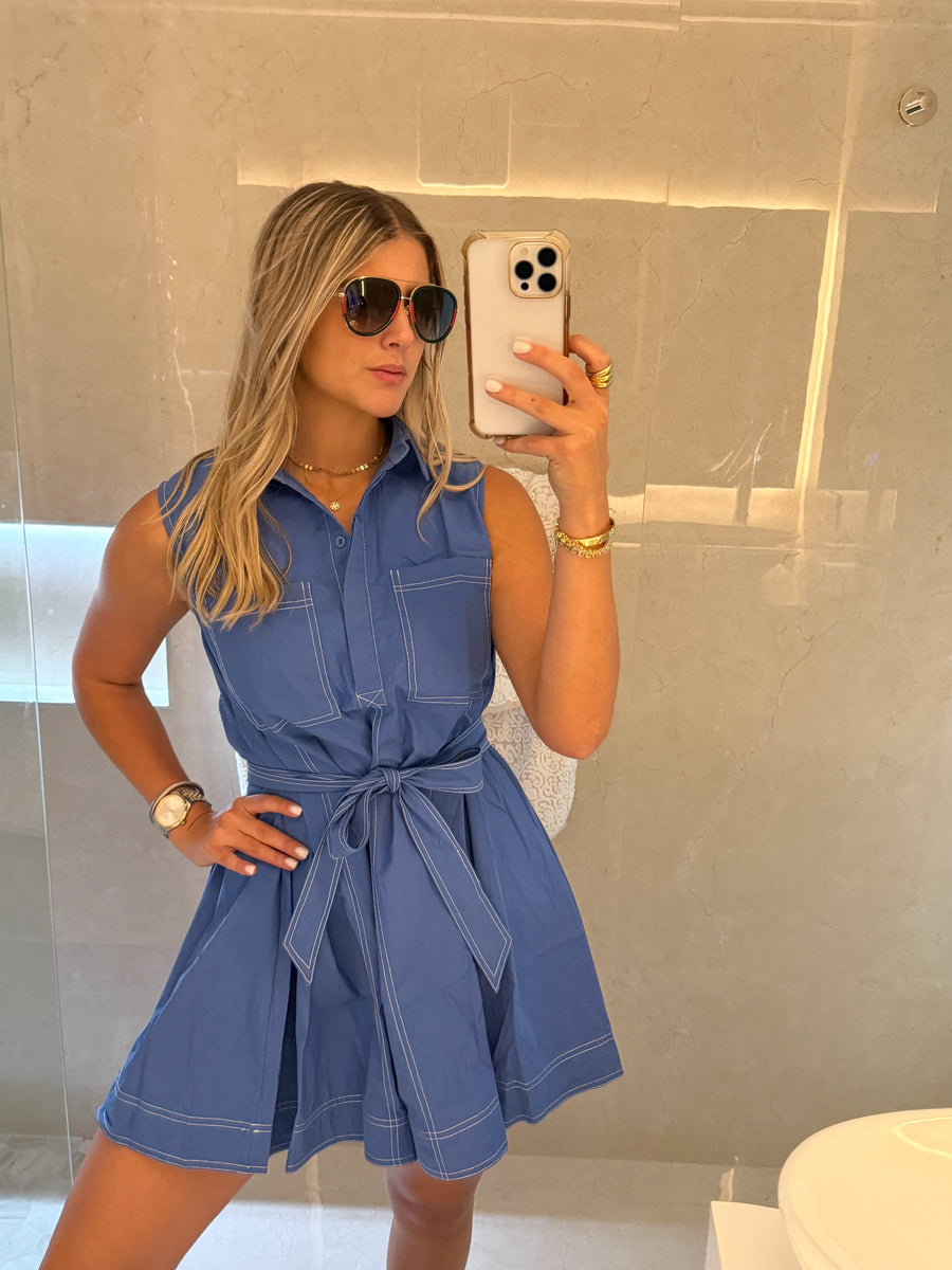 BLUE STITCHING SLEVEELESS DRESS