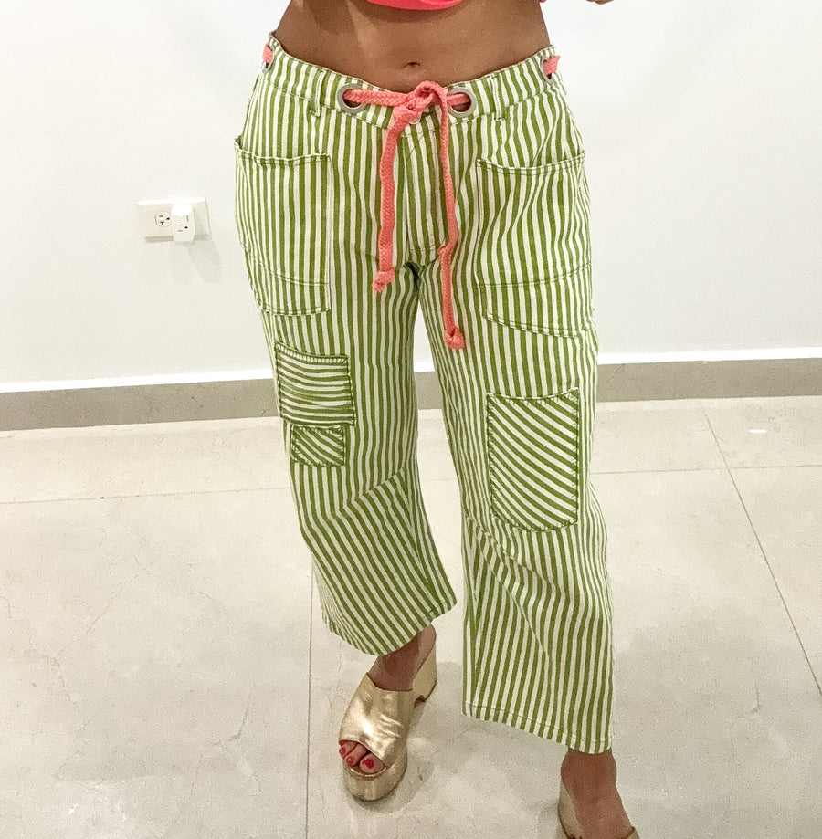 LIME GREEN/ CORAL ROPE STRIPED BARREL JEANS