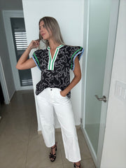 BLACK PRINTED RUFFLE SLEEVES BLOUSE