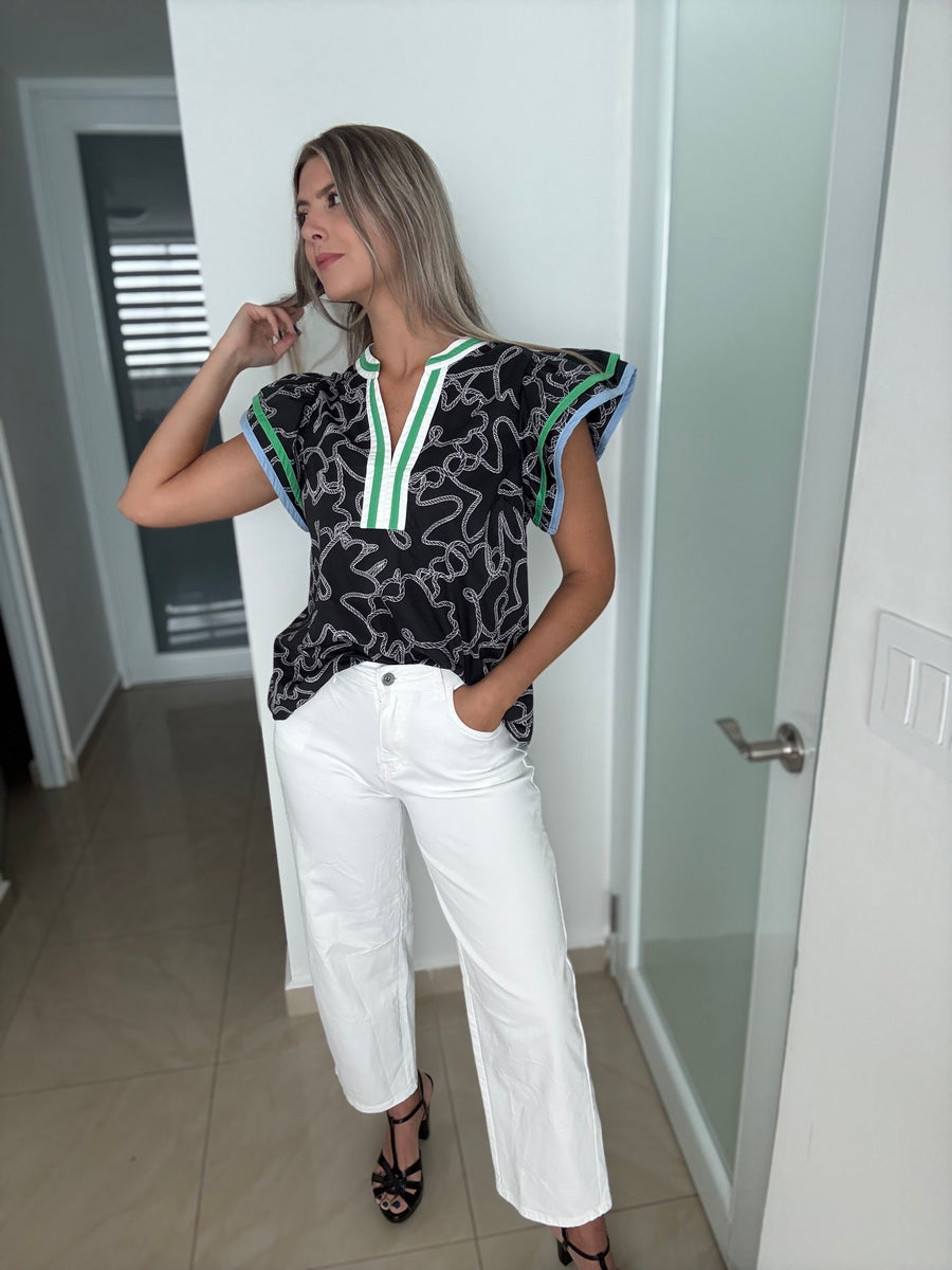 BLACK PRINTED RUFFLE SLEEVES BLOUSE