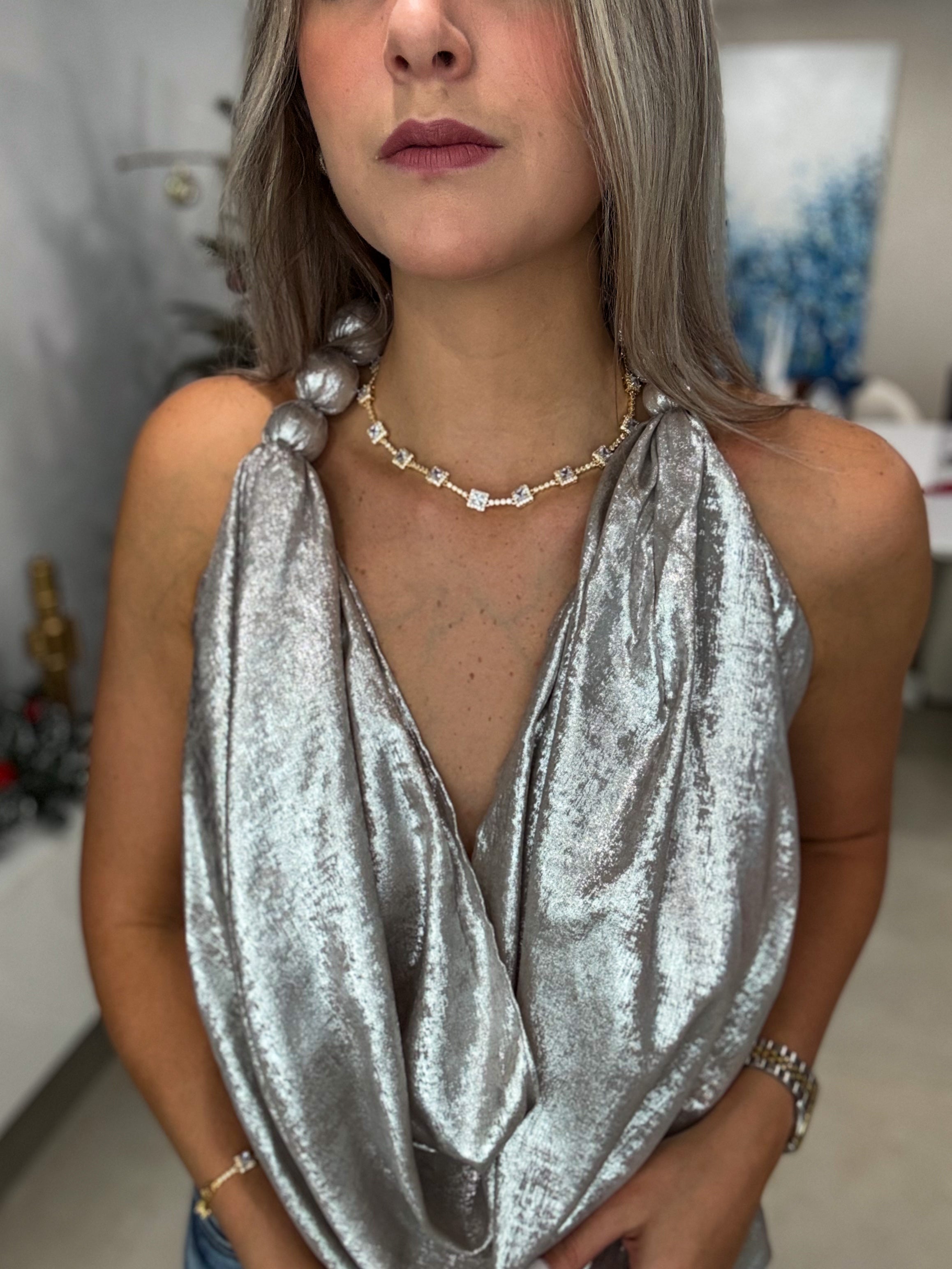 SILVER METALLIC HALTER COWL BLOUSE