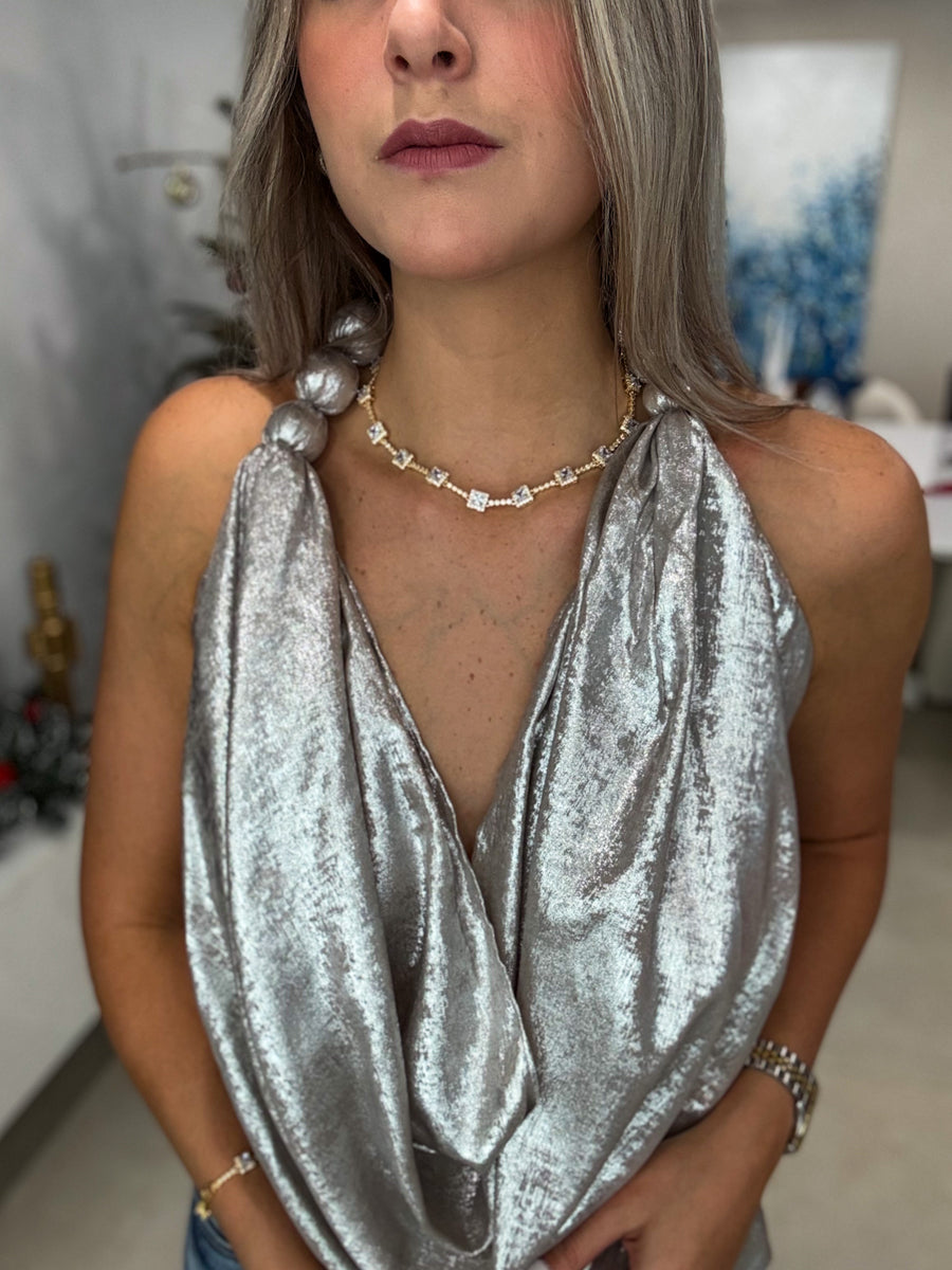 SILVER METALLIC HALTER COWL BLOUSE