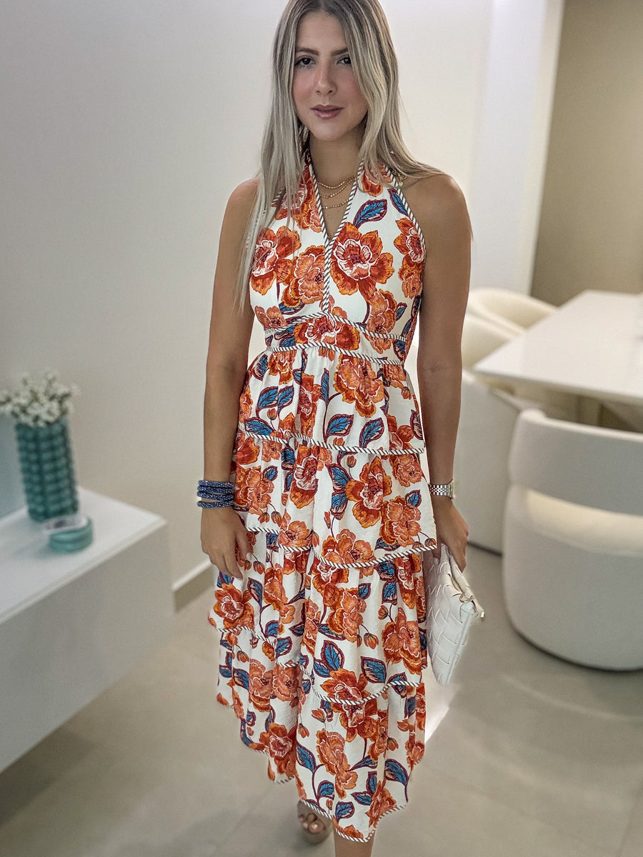 ORANGE/DENIM HALTER PRINTED RUFFLE MIDI DRESS