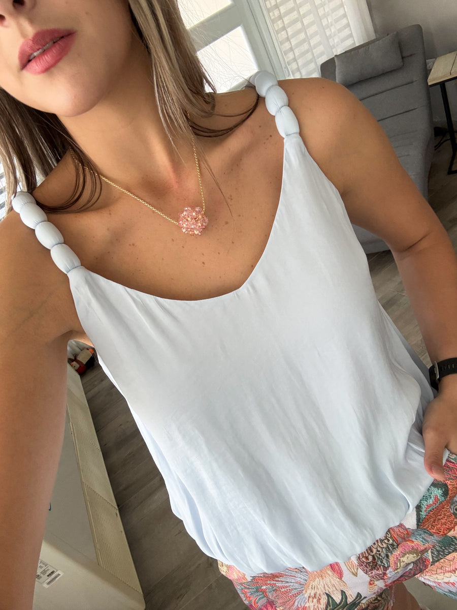 BABY BLUE SATIN ELABORATED STRAP TANK BLOUSE