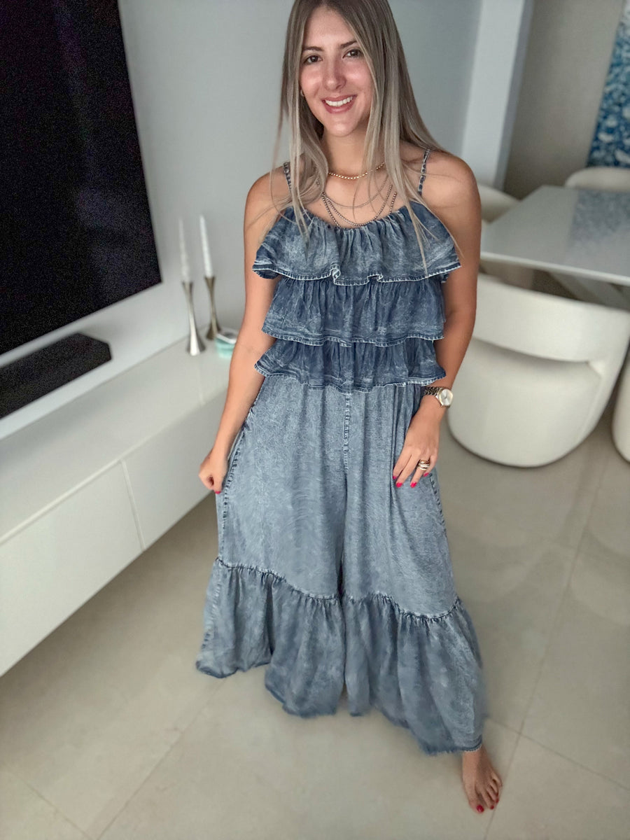 DENIM TENCEL RUFFLE JUMPSUIT