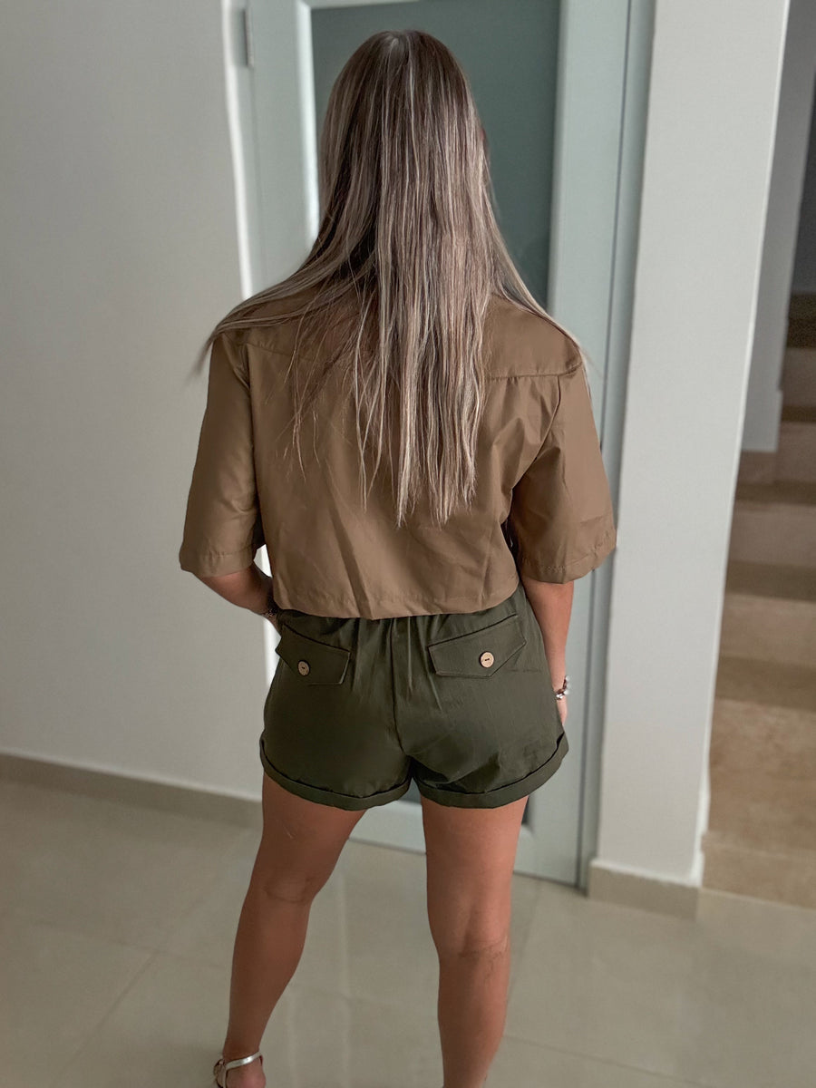 SILVER STUDDED 3/4 BUTTONED CROP BLOUSE