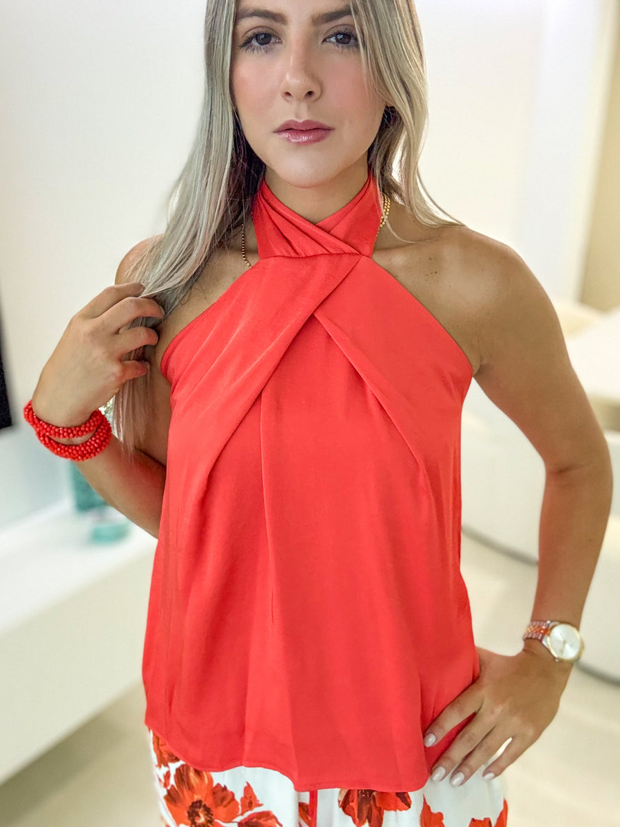 ORANGE HALTER SATIN BLOUSE