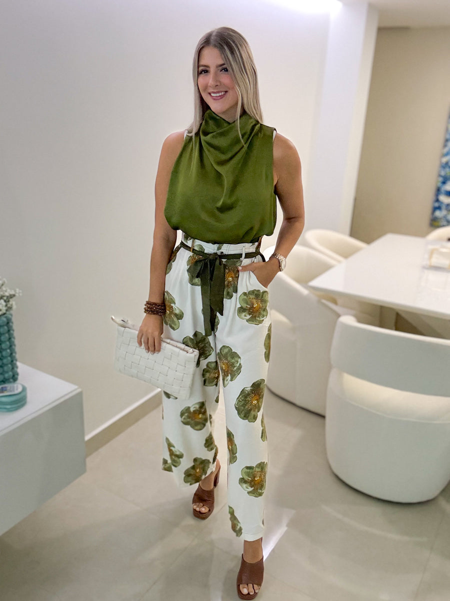 OLIVE PRINTED LONG PANTS