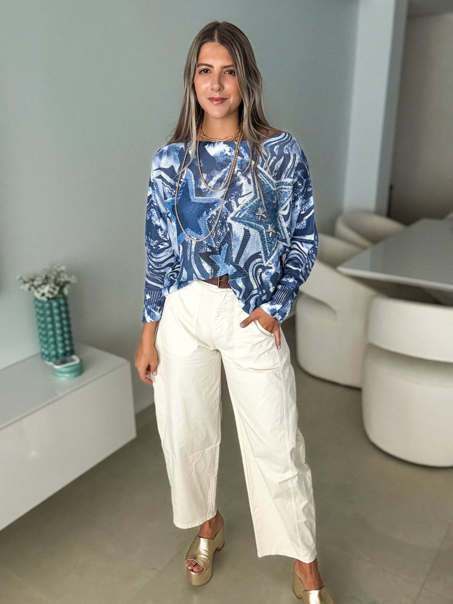 BLUE DENIM STAR SWEATER BLOUSE