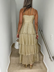 GOLD LUREX TIERED MAXI DRESS