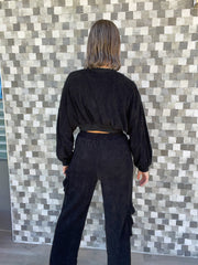 BLACK CORDUROY CROP BLOUSE