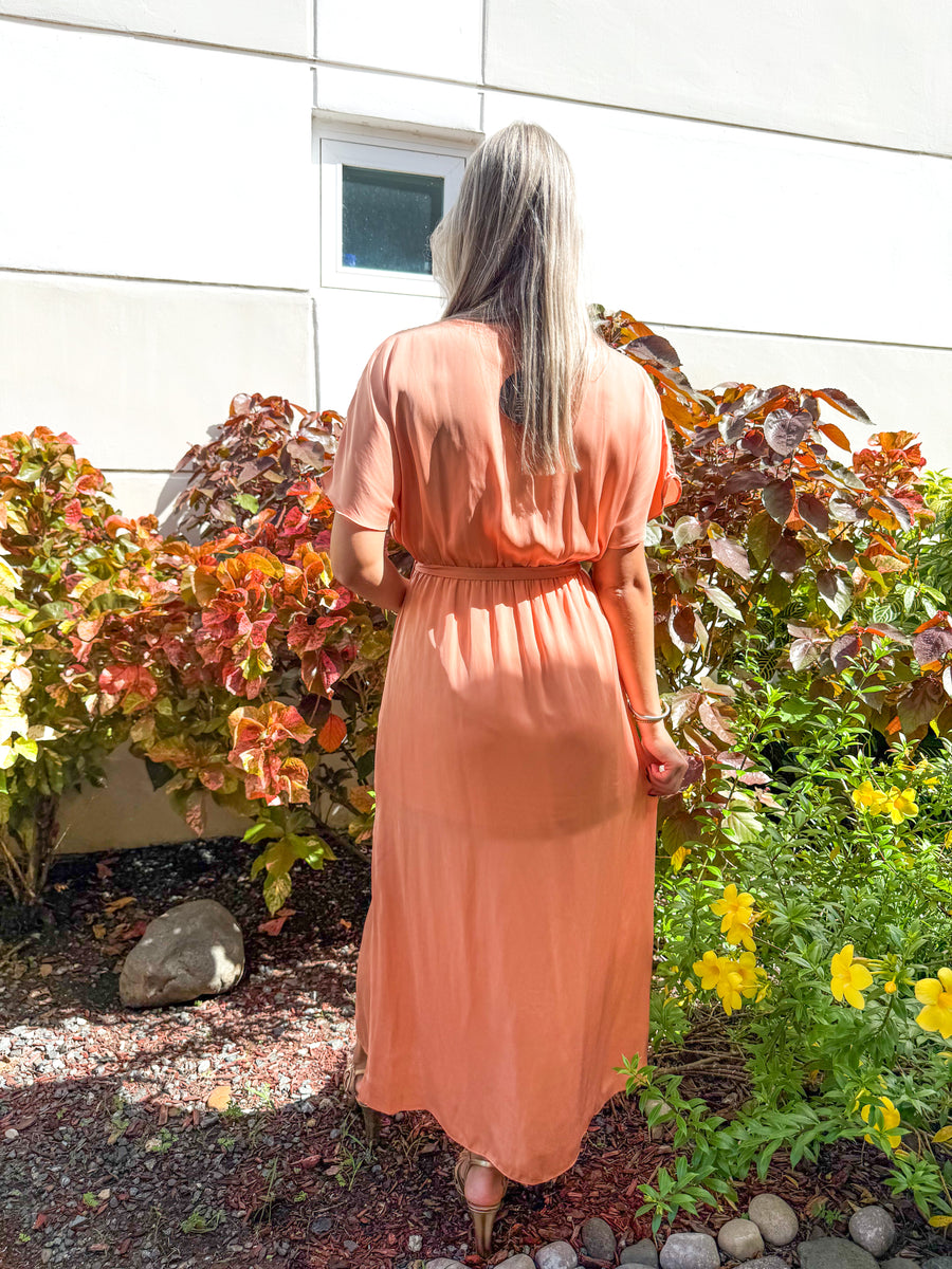 PEACH SATIN MIDI DRESS