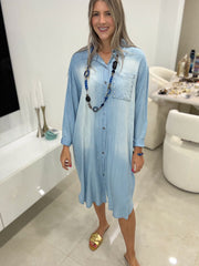 LIGHT DENIM TENCEL STUDDED DRESS