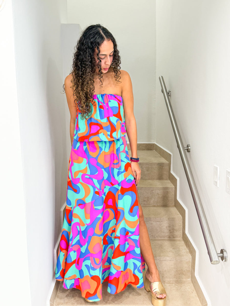 STRAPLESS PRINTED MAXI DRESS