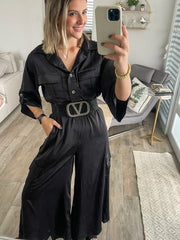 BLACK SATIN CARGO JUMPSUIT