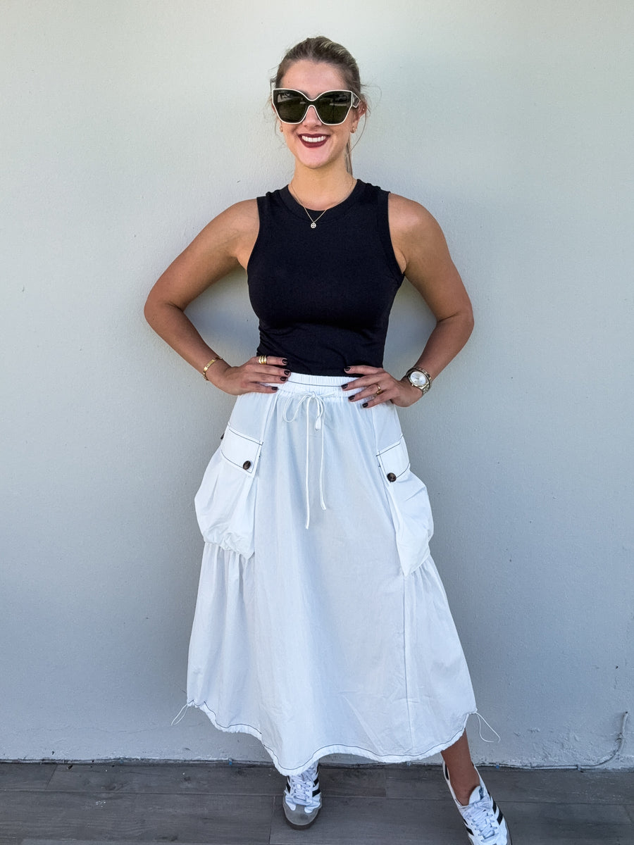 WHITE PARACHUTE MIDI SKIRT