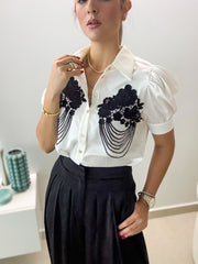 WHITE BLACK DETAILED TOP & BLACK PANT SET