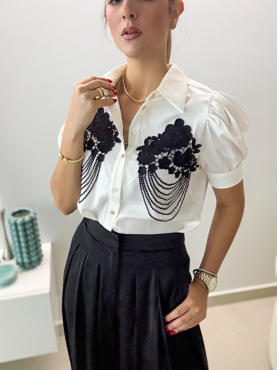 WHITE BLACK DETAILED TOP & BLACK PANT SET