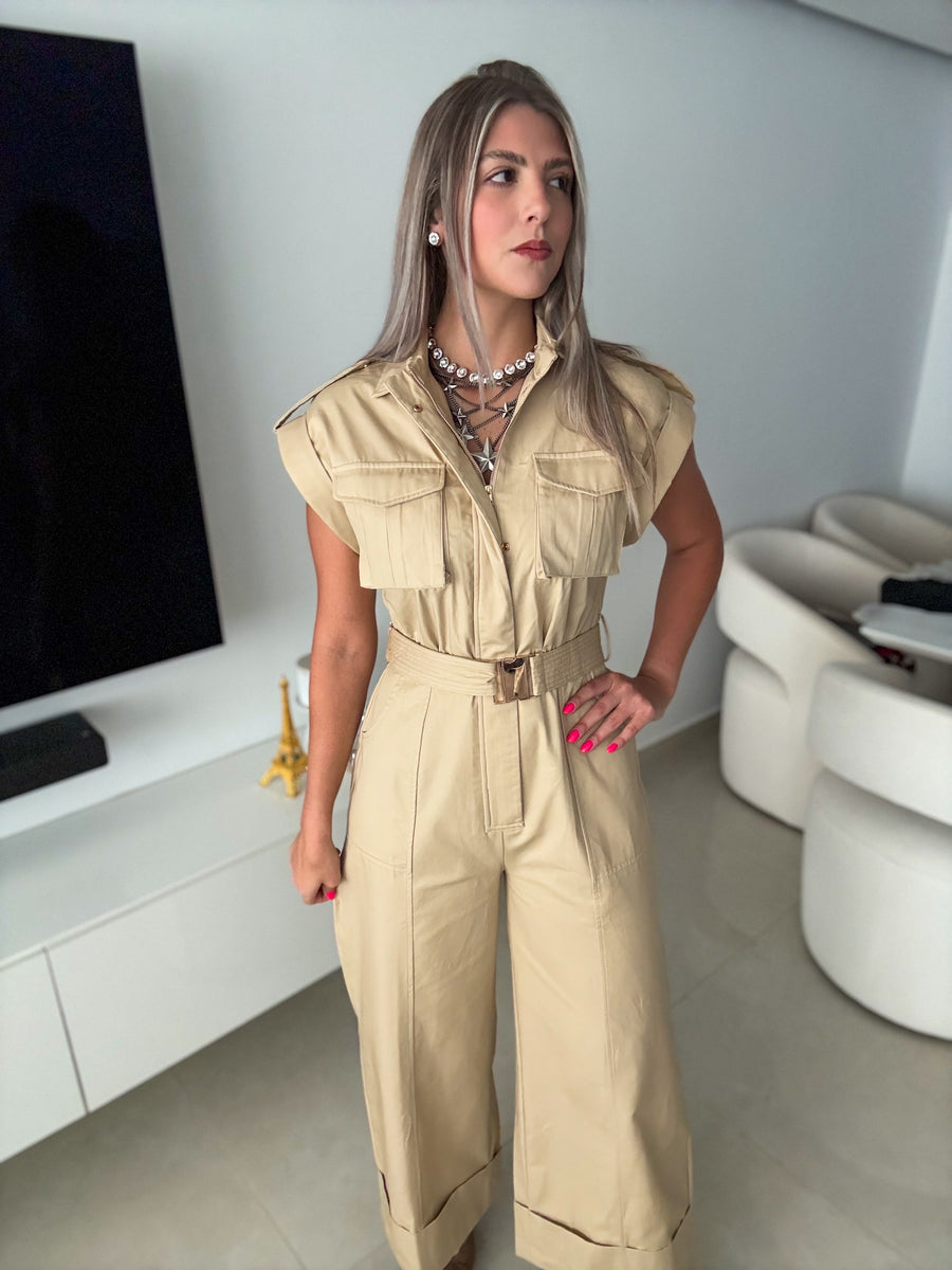 KHAKI BELTED JUMPSUIT