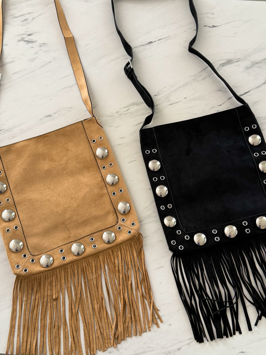 FRINGE STUDDED SUEDE CROSSBODY BAG