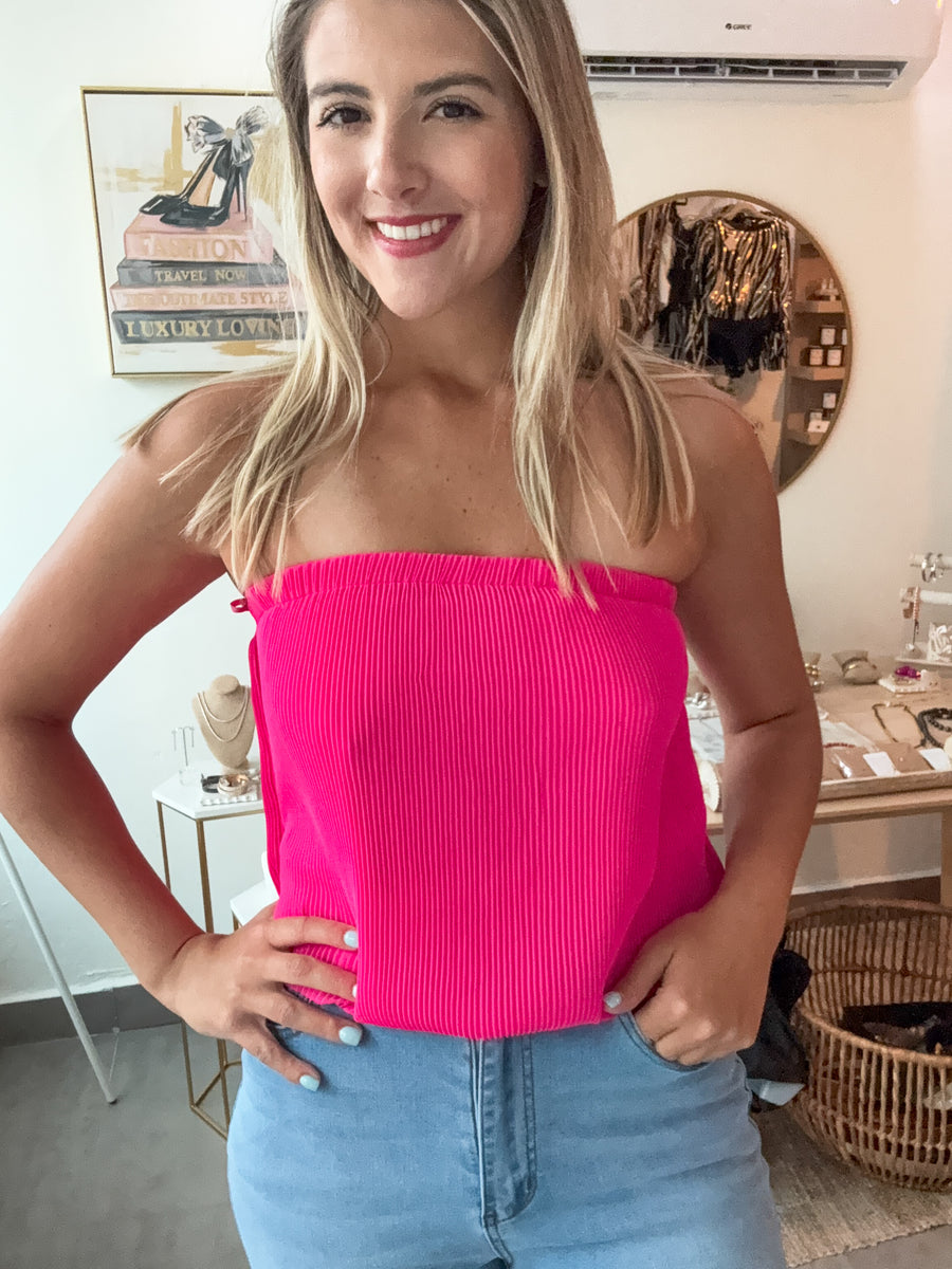 HOT PINK STRAPLESS PLEATED TUBE TOP
