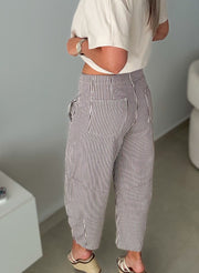 BROWN STRIPED BARREL PANTS