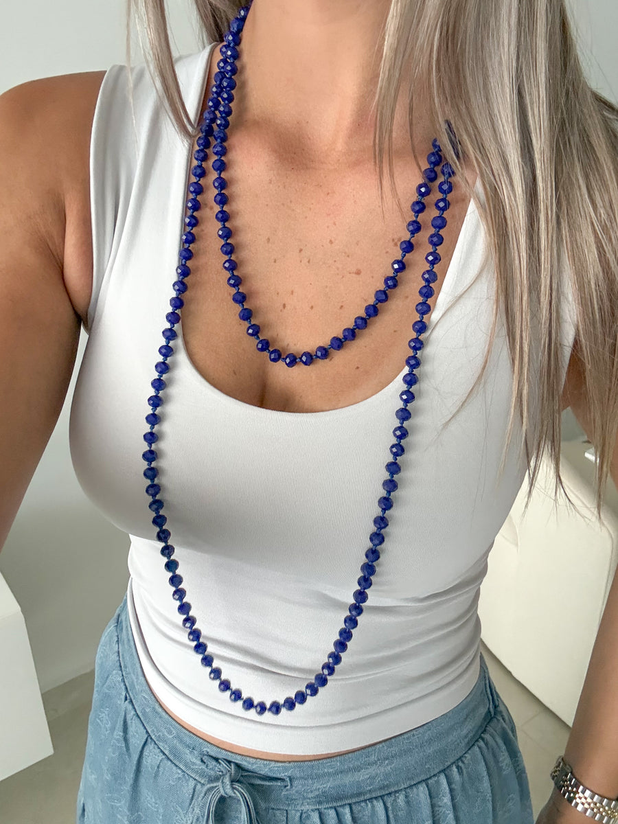 DARK BLUE KNOTTED RONDELLE LONG NECKLACE