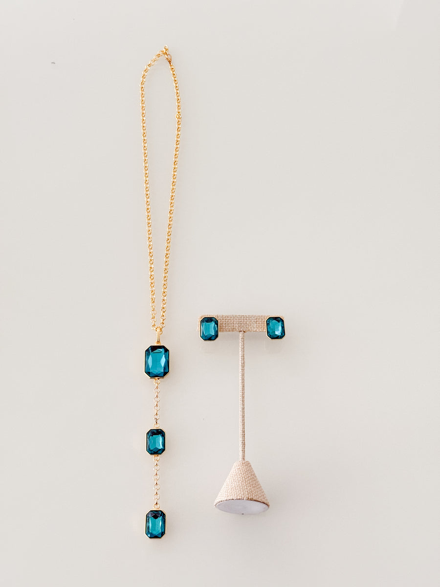 LONG GEM SQUARE NECKLACE SET IN AQUA