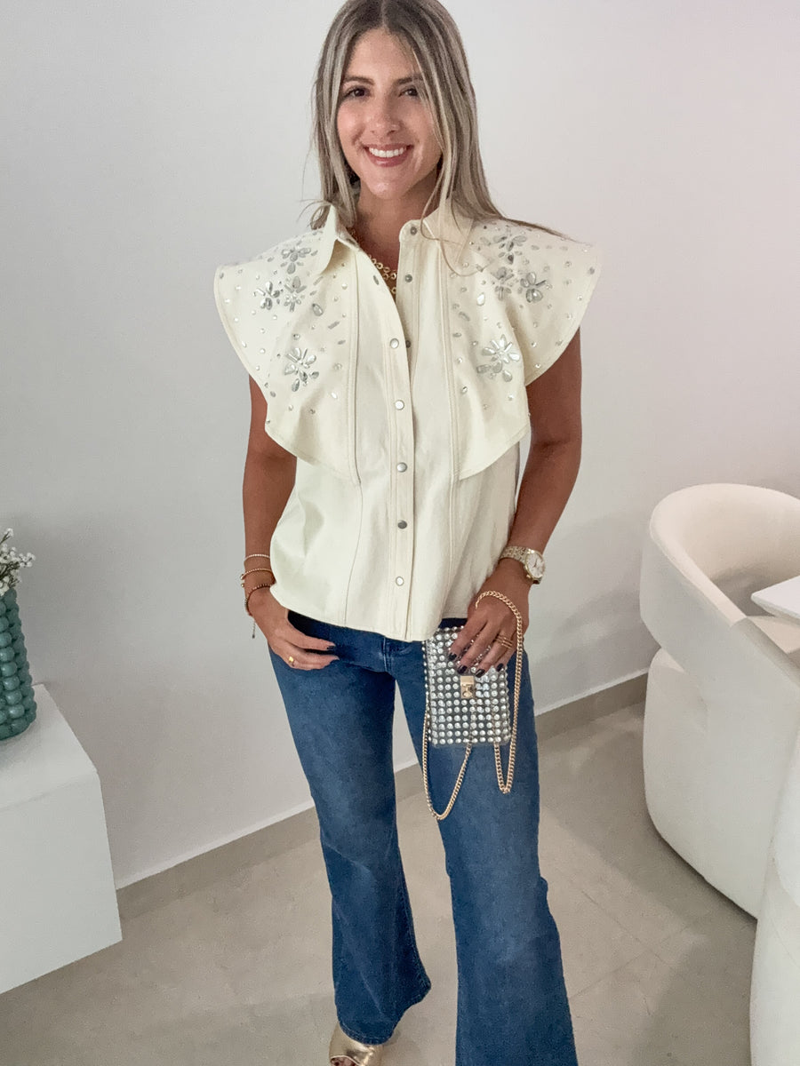 BEIGE DENIM SILVER GEMS BLOUSE