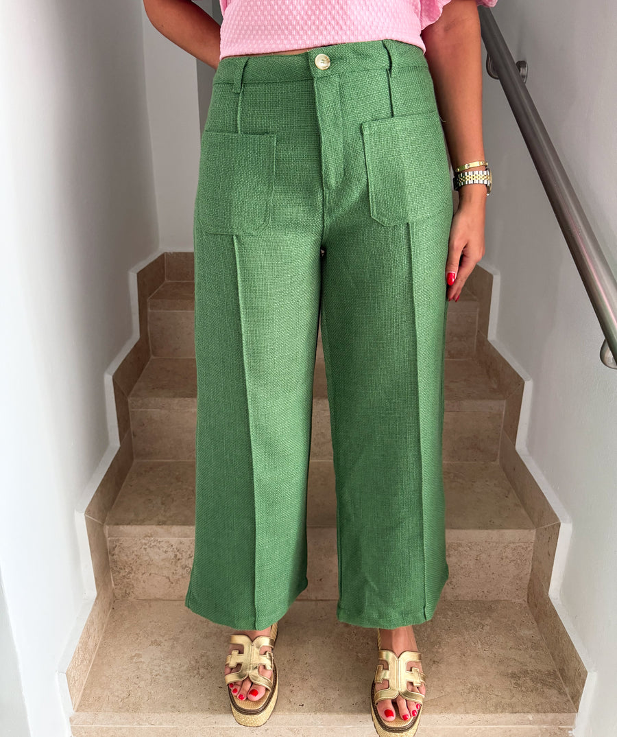 GREEN TWEED FRONT POCKET PANTS