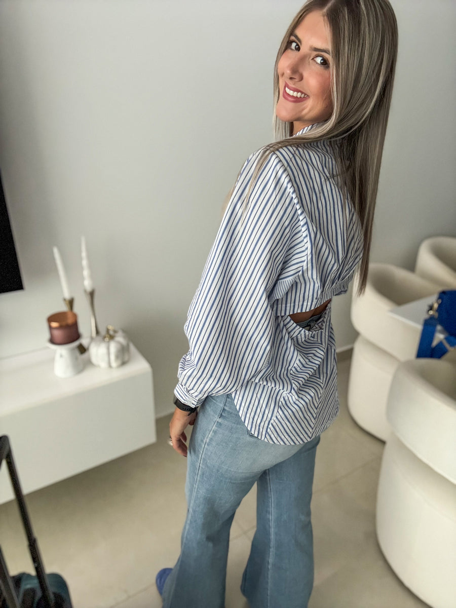 STRIPED BLUE OPEN BACK BLOUSE