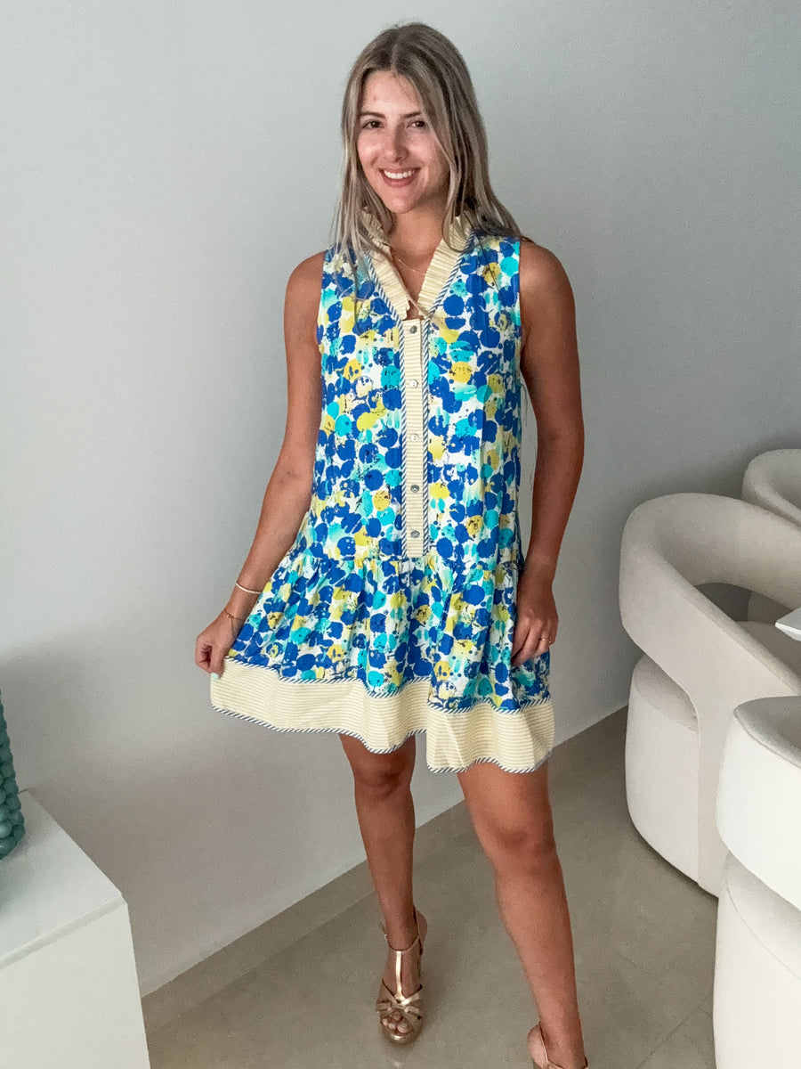 BLUE/YELLOW PRINTED SLEEVELESS SHORT DRESS