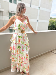 IVORY FLORAL PRINT RUFFLE MAXI SKIRT