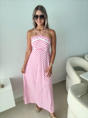 PINK STRIPED EMBROIDERED DETAIL MAXI DRESS