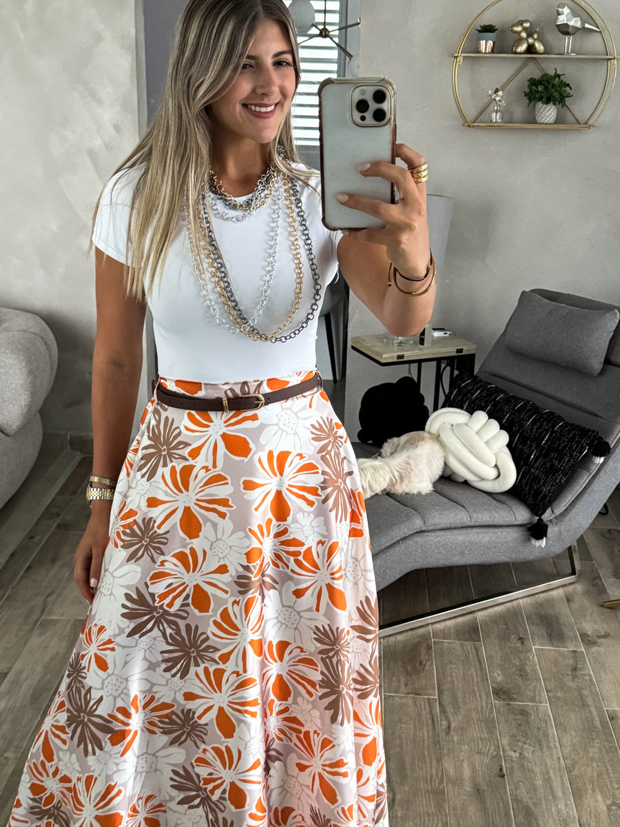 BEIGE/ORANGE BELTED FLORAL PRINT SKIRT