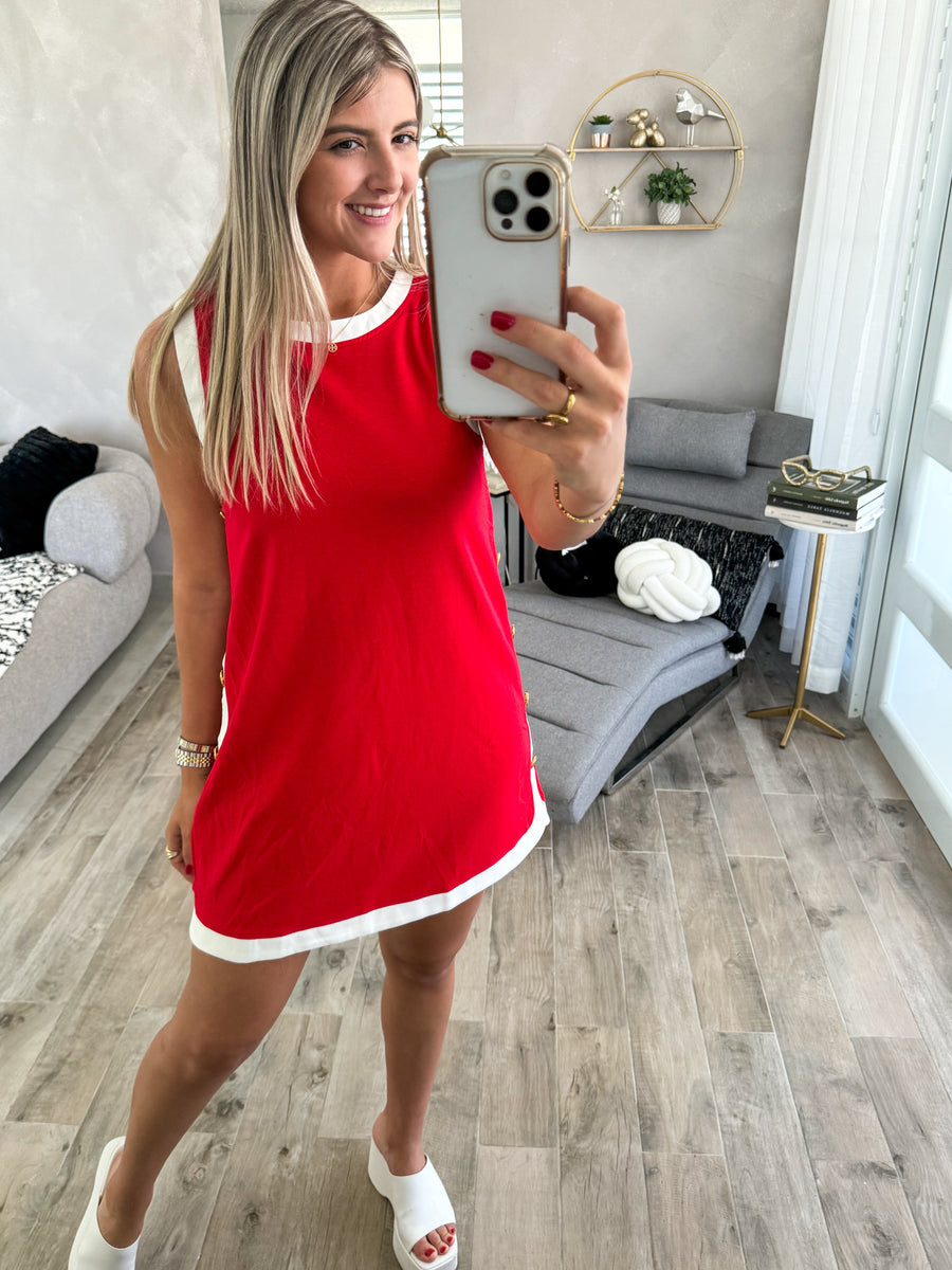 RED SIDE TRACK LINE STUDDED SHORT DRESS