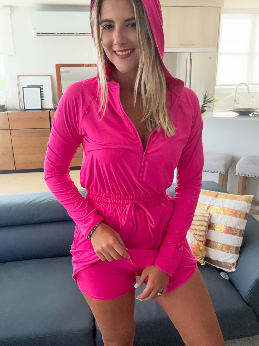 HOT PINK STRETCHY HOODIE ROMPER