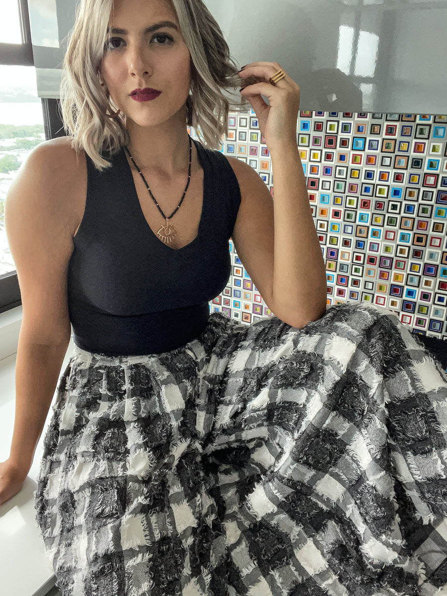 BLACK PLAID TEXTURED PALAZZOS
