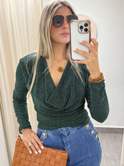 HUNTER GREEN METALLIC LONG SLEEVE COWL NECK BLOUSE