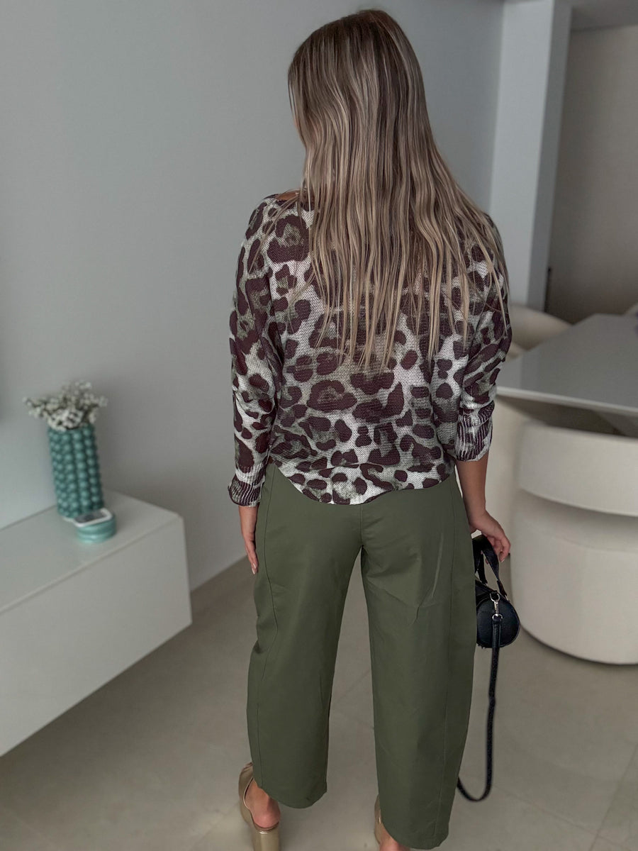 GREEN OLIVE LEOPARD SWEATER BLOUSE
