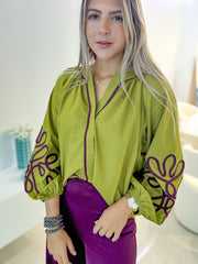 GREEN/PLUM DETAILED BLOUSE