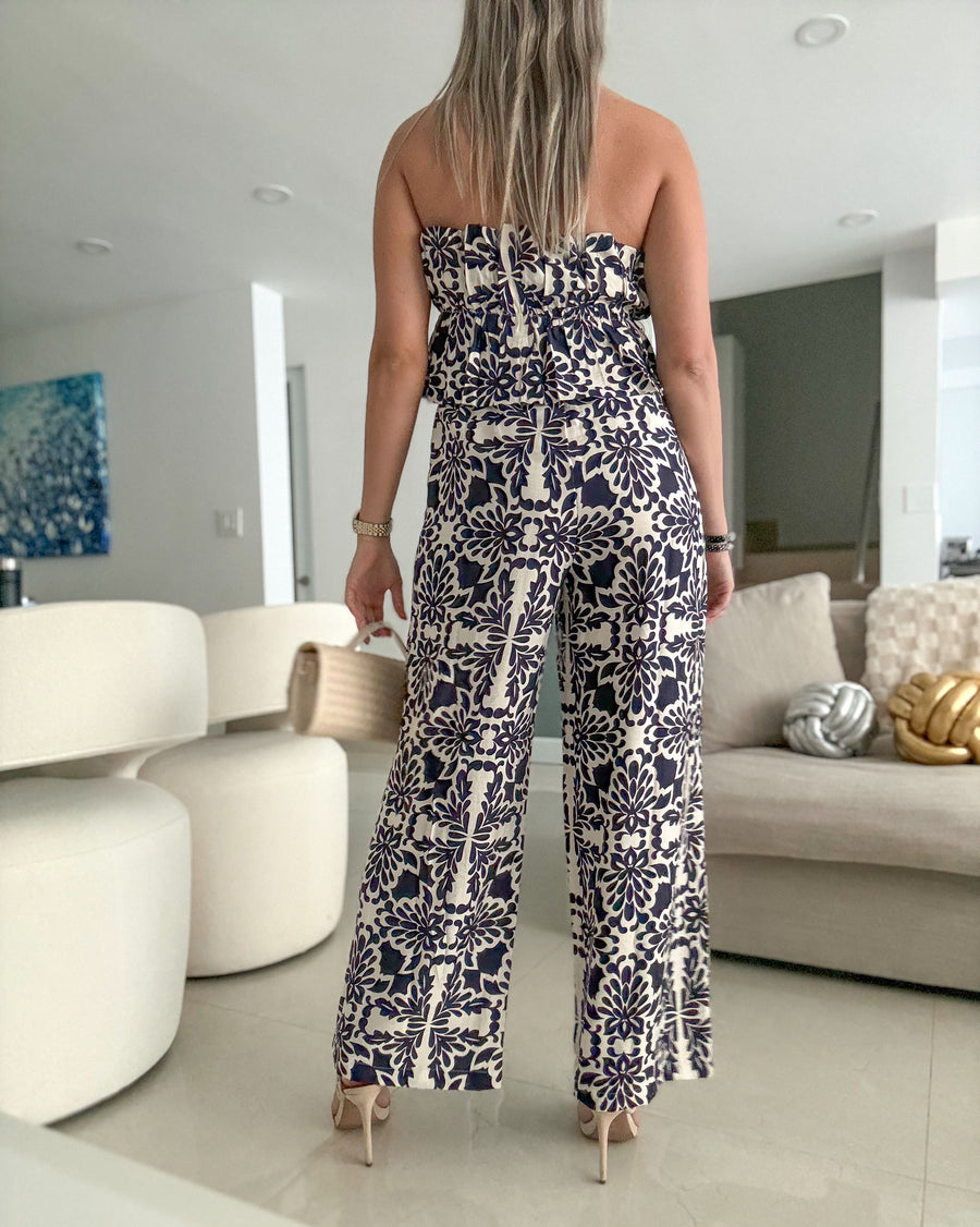 STRAPLESS NAVY PRINTED JUMPSUIT