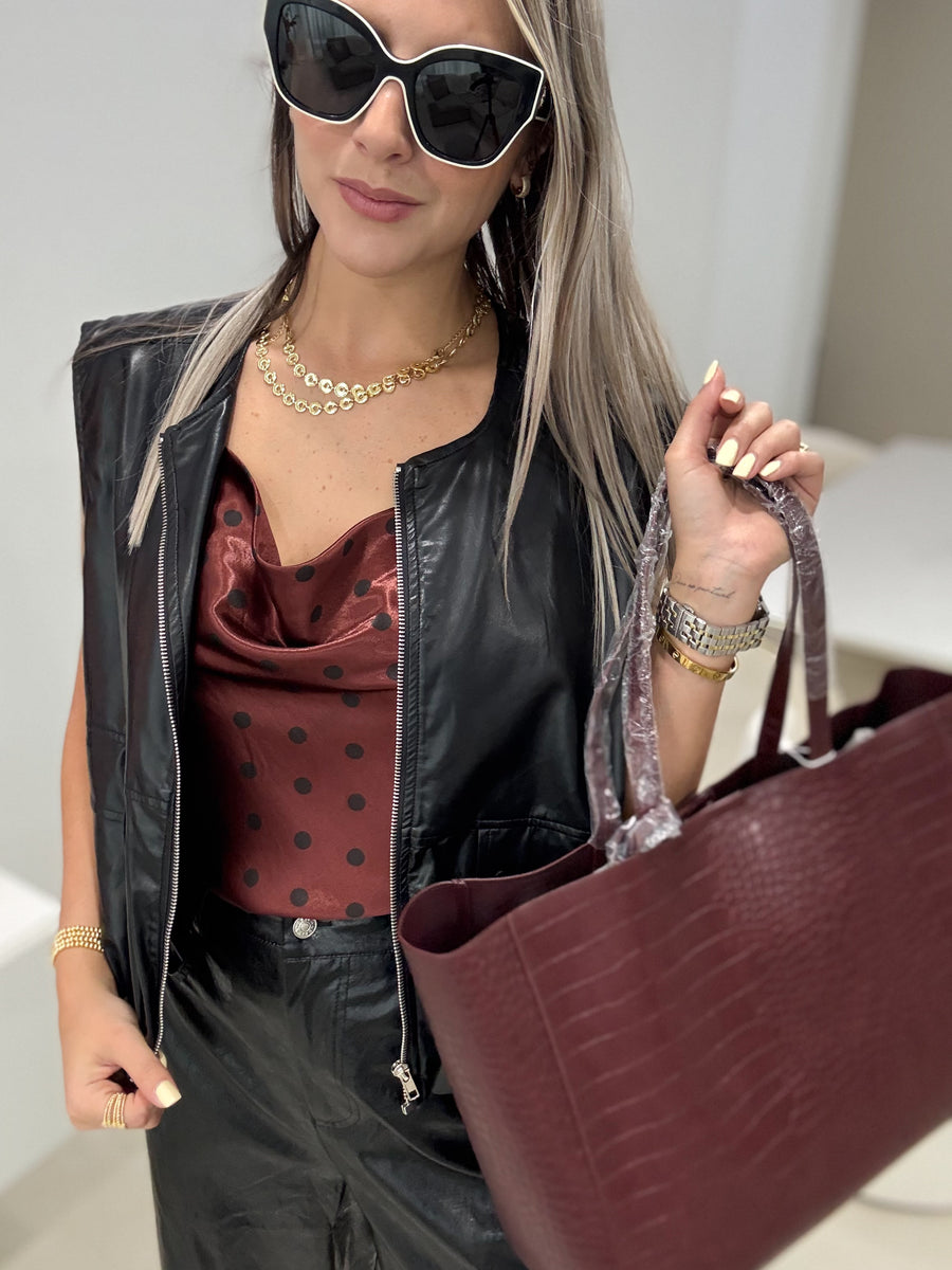 WINE SATIN POLKA DOT CAMI BLOUSE