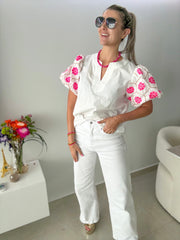 WHITE NEON PINK/BEIGE EMBROIDED BUBBLE SLEEVES BLOUSE