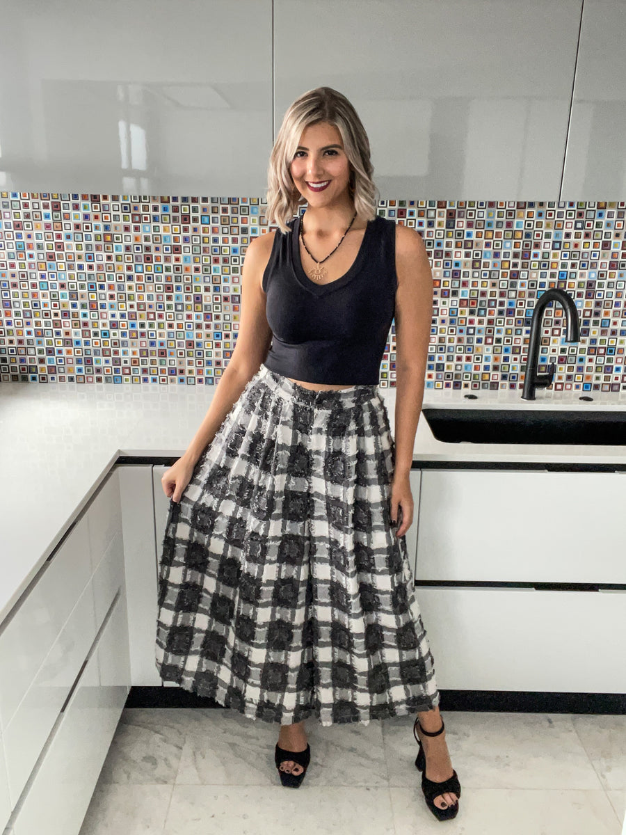 BLACK PLAID TEXTURED PALAZZOS
