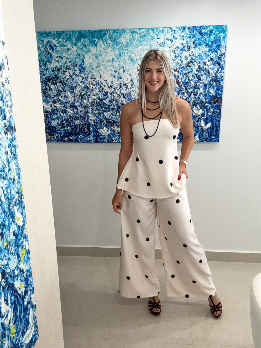 POLKA DOT STRAPLESS TOP & PANT SET