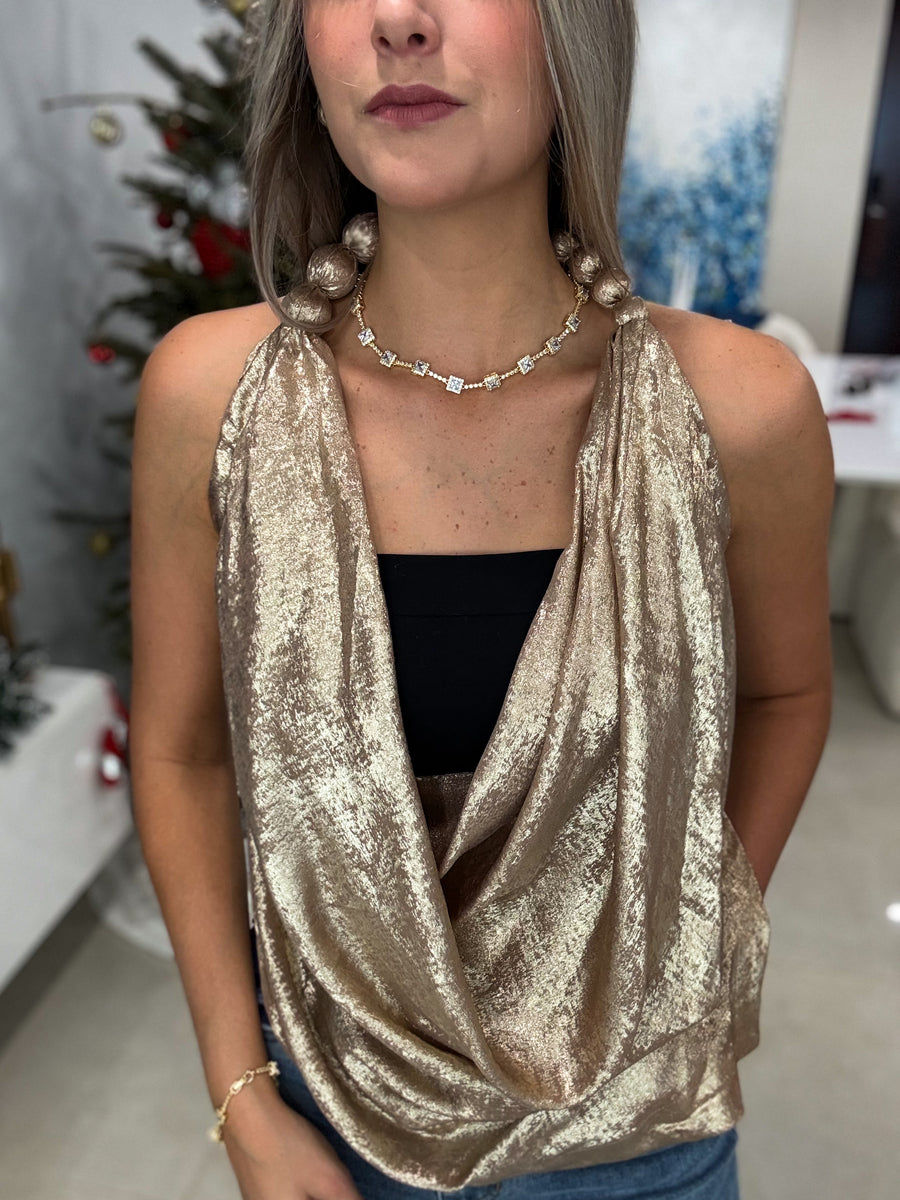 GOLD METALLIC HALTER COWL BLOUSE