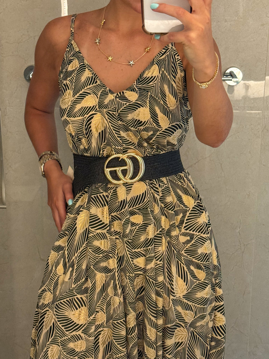 GOLD/BLACK LEAF MAXI DRESS